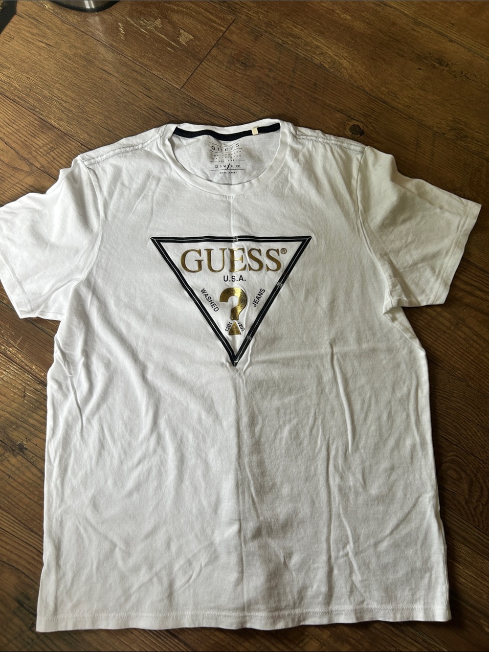 Guess White Short Sleeve Tee with Black & Gold Logo Triangle